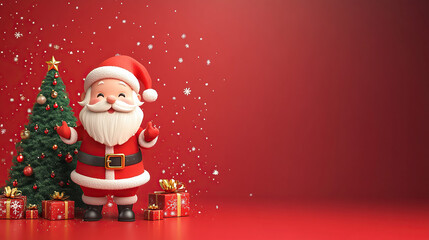 Banner with cartoon santa claus and Christmas tree on red background. Place for adding text or design