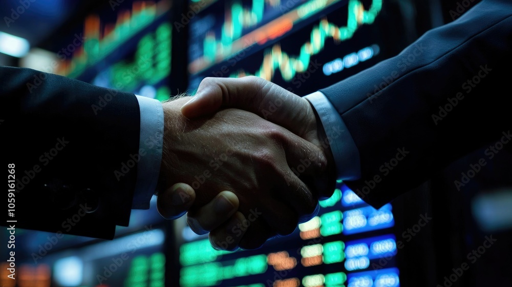 Poster professional handshake with finance and stock data in background, symbolizing success