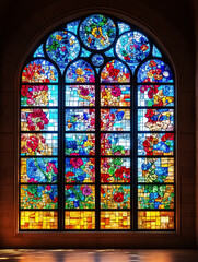 Stunning stained glass window featuring vibrant floral patterns, ideal for wall art, backgrounds, or decorative elements in homes, churches, and creative spaces.
