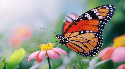 Fototapeta premium A vibrant orange and black butterfly perched delicately on a pink flower, surrounded by lush greenery.