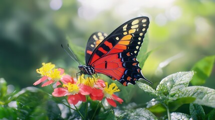 Fototapeta premium A vibrant butterfly perched on colorful flowers, showcasing brilliant red and orange wings in a serene garden setting.