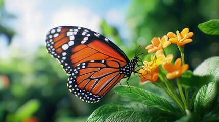 Fototapeta premium A vibrant orange Monarch butterfly perched on bright yellow flowers in a lush garden setting.