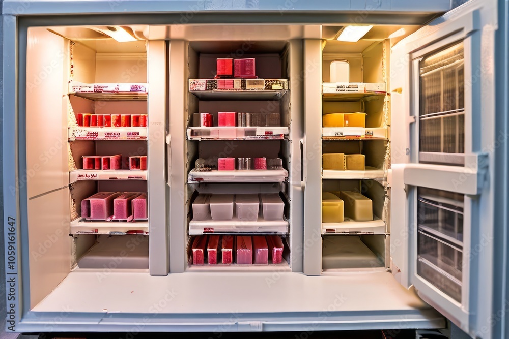 Poster laboratory freezer an open laboratory freezer showing rows of sa