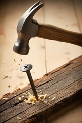 Nail being hammered into a wooden board 
