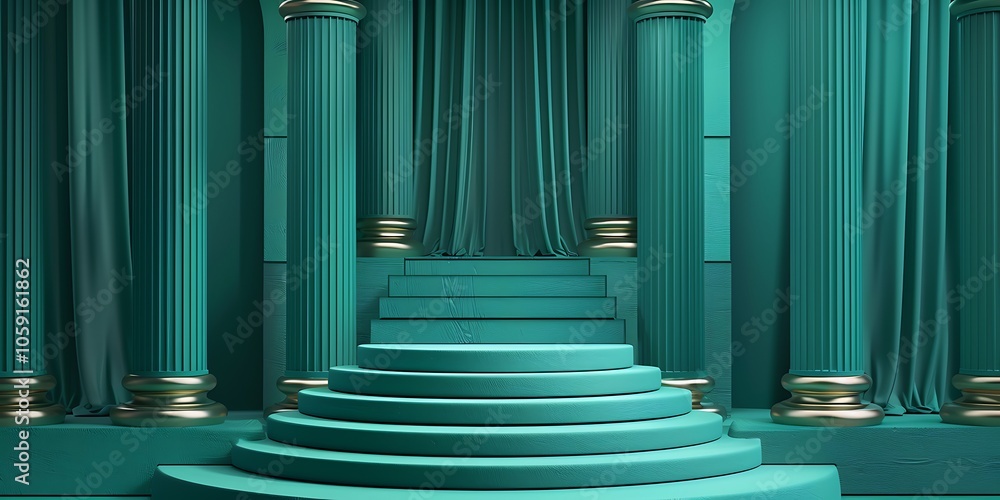 Poster green marble columns and stairs for product display minimalist white background with space for text