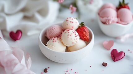 Fototapeta premium Delicious Strawberry and Vanilla Ice Cream Scoops with Heart Decorations