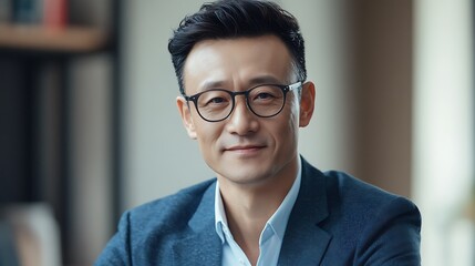 A confident man in a suit, smiling warmly at the camera in a modern office setting.