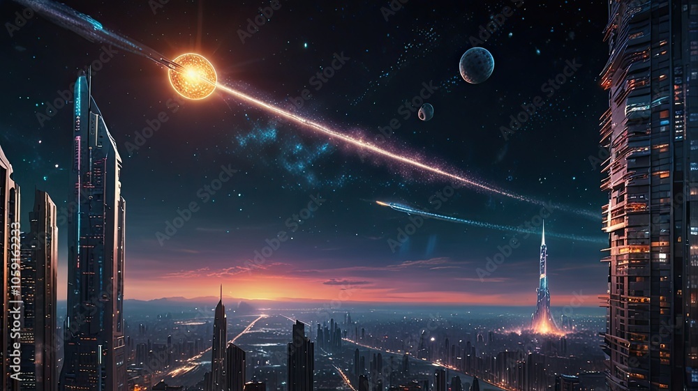 Poster as dusk settles over a futuristic metropolis a brilliant celestial event unfolds illuminating the sk