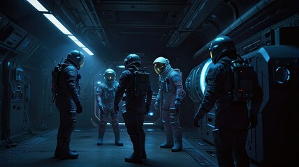 A group of astronauts in advanced suits convenes in a dimly lit futuristic space station engaged in a crucial discussion about their upcoming mission objectives