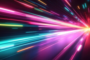 Bright neon speed trails in vivid pinks, blues, and greens, cutting across a dark background, creating a surreal, futuristic vibe