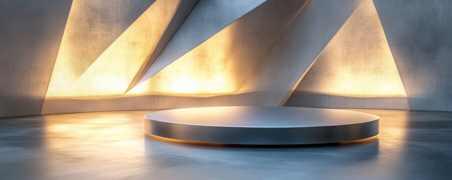Minimalistic round podium in a modern abstract space with dramatic lighting, perfect for product display or branding presentations.