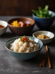 image of rice on a bowl complete with side dishes