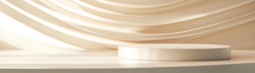 Obraz premium Simple, beige display pedestal with soft, flowing draped background, creating a calm and refined setting ideal for product presentation or interior decor.