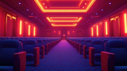 Naklejka premium Neon-Lit Empty Movie Theater Interior with Rows of Blue Seats