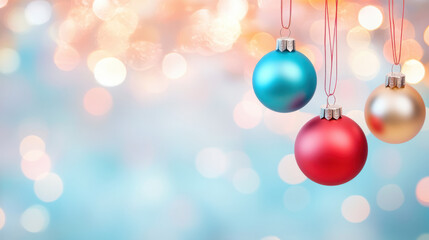 Fototapeta premium Colorful Christmas ornaments hanging against blurred background, creating festive atmosphere