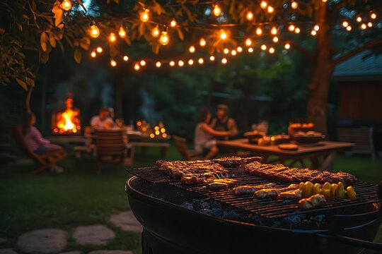 Grilled Food on Barbecue in Backyard Setting with String Lights