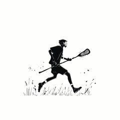 Fototapeta premium Lacrosse player running with stick black and white illustration