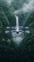A photojournalistic-style action shot of a drone soaring through a dense forest, its camera lens focused on a distant waterfall. 