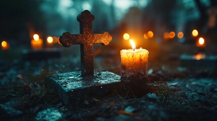 All Souls' Day. Cross with burning candles in the cemetery, lite color