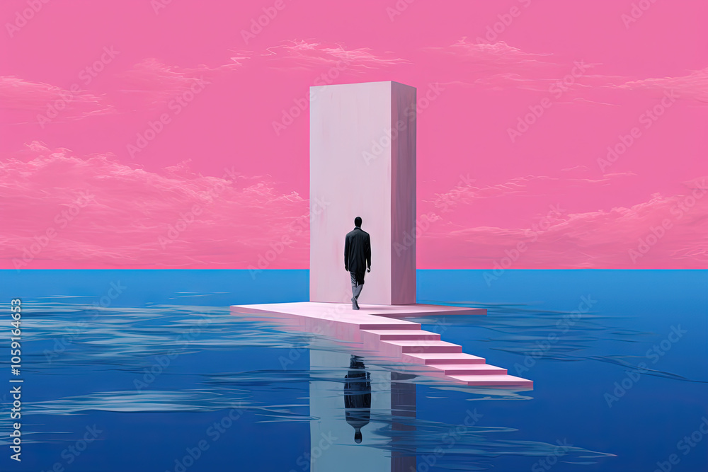 Poster surreal vaporwave landscape with abstract architecture elements on the water. dreamy landscape