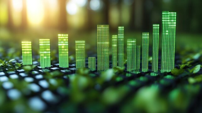 Green glowing bar chart growing in a field of green leaves.