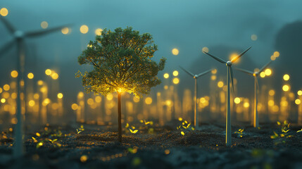 Naklejka premium Green Energy Concept - 3D Rendering Wind Turbine and Forest for Energy Generation on Island on Green Background. Vector Illustration.