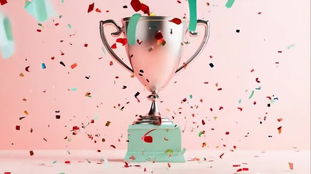 video slow motion with Golden trophy on a black pedestal surrounded confetti on blue background, concept of celebration and victory, 3D rendering.