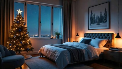 Scandinavian bedroom decorated with Christmas decor, Christmas tree, lights and ornament, beautiful view window, snow
