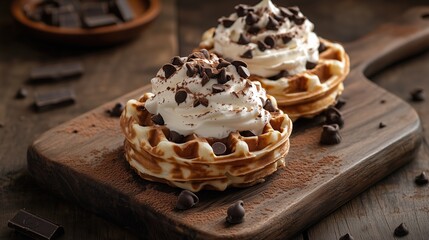 Stacked waffles are adorned with a generous layer of whipped cream and sprinkled with chocolate chips and cocoa. The warm, inviting atmosphere adds to the dessert's appeal