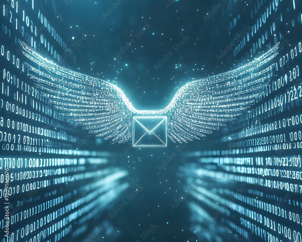 Poster digital email icon with wings flying through binary sky representing modern communication efficiency