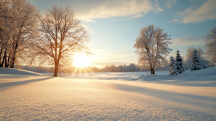 Snowcovered meadow, sunlight casting long shadows, Winter Meadow, Tranquil Scene