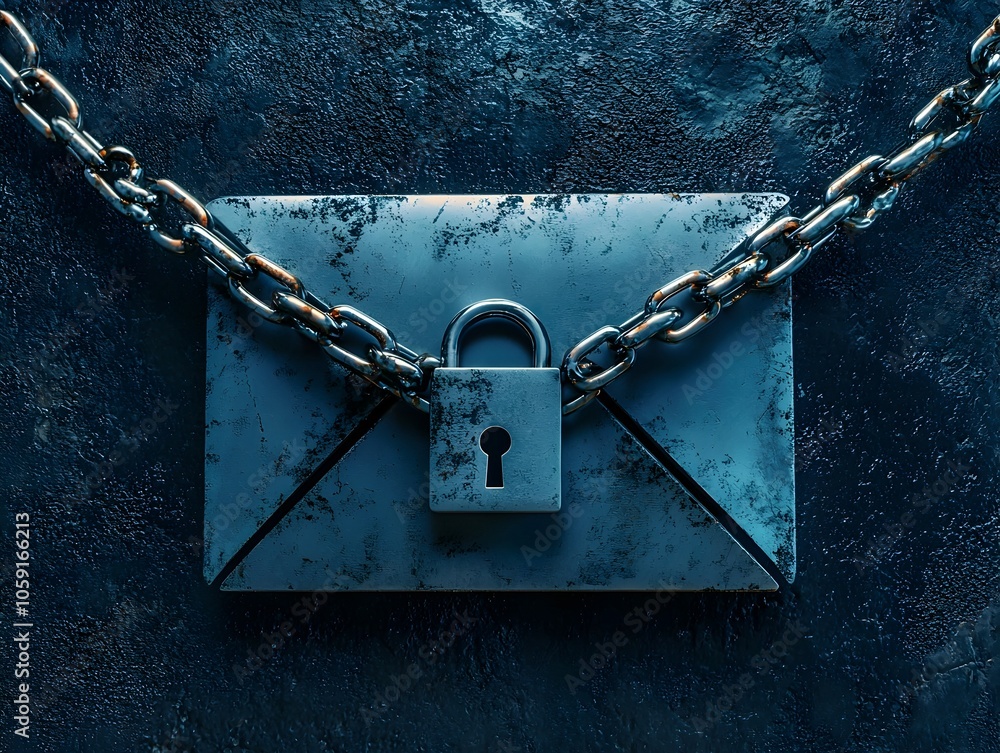 Poster secure email communication concept with chained email icon and lock