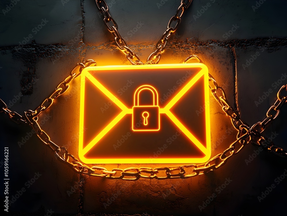 Poster secure email communication symbolized by glowing neon envelope icon surrounded by chains and locked