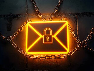Secure Email Communication Symbolized by Glowing Neon Envelope Icon Surrounded by Chains and Locked