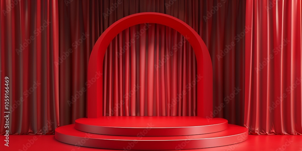 Poster red stage with arch for product display minimalist white background with space for text