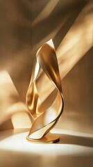 Elegant gold abstract sculpture illuminated by warm, directional lighting, casting shadows on a neutral background. Perfect for art, luxury, and design themes.