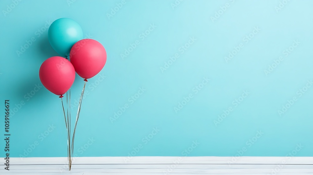 Poster Pink and Blue Balloons on Blue Background Subtle Blur Background with Space for Custom Text