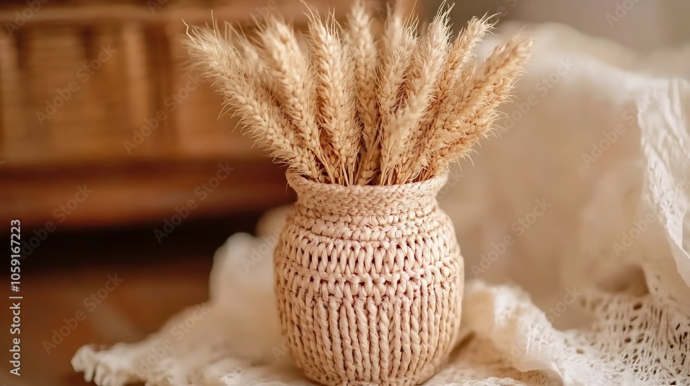 Poster Dried Wheat in a Basket Subtle Blur Background with Space for Custom Text