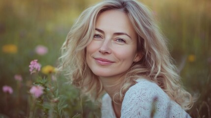 Naklejka premium Middle-aged blonde woman with wavy hair on grass among flowers, soft smile; tranquil blurred .