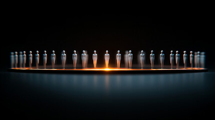 A group of translucent figures standing in a circle illuminated by an orange glow in a dark environment at dusk