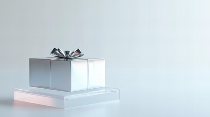 A beautifully wrapped silver gift box with a shiny bow on a clear display stand against a...