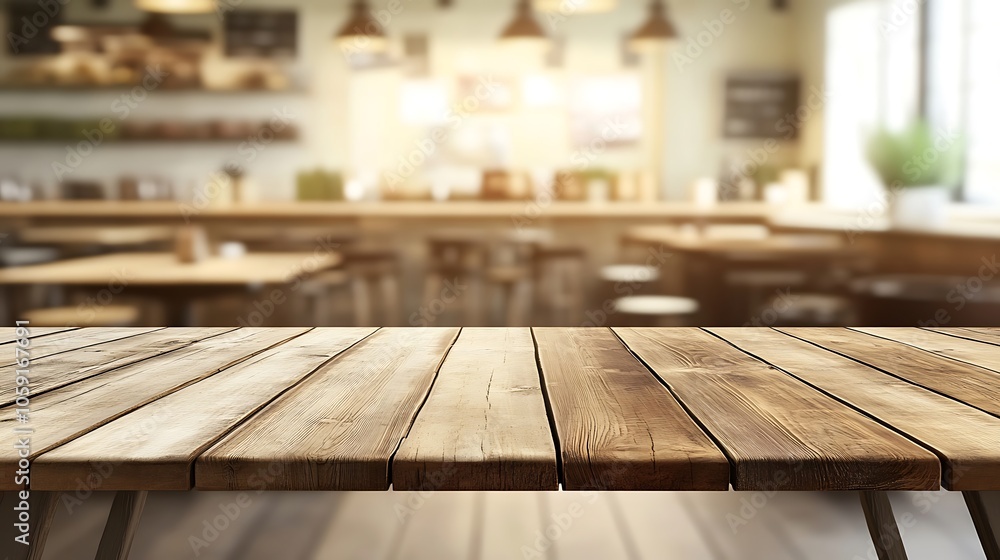 Poster empty wooden table in cafe light gradient background with room for typography