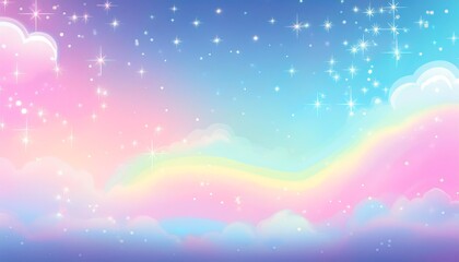 Obraz premium Holographic fantasy rainbow background with clouds and stars. Pastel color sky. Magical land