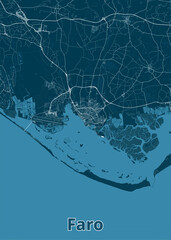 Map of Faro, Portugal. The map showcases the city's intricate road network, including major highways and smaller streets.