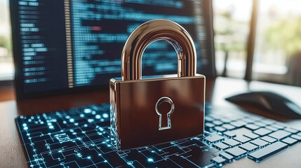 A Secure Padlock Sits on a Keyboard in Front of a Computer Screen Displaying Cybersecurity Codes in a Modern Workspace During Daytime