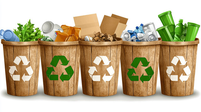 Five Bins for Waste Separation in a Recycling Center During the Daytime, Displaying Various Items for Proper Disposal