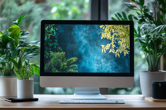 modern minimalist home office setup with imac and laptop in a serene workspace