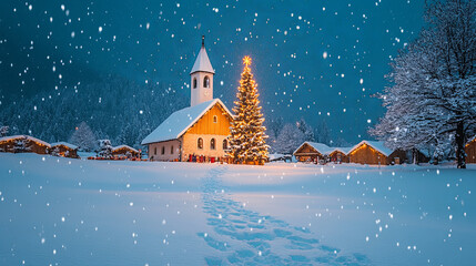 Fototapeta premium A Snowy Winter Evening at a Quaint Church With a Christmas Tree and Softly Falling Snow in a Picturesque Village