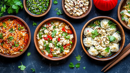 A Vibrant Assortment of Asian Dishes With Dumplings and Fresh Vegetables Beautifully Garnished, Arranged on a Dark Surface