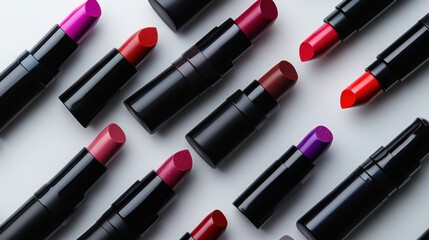 Obraz premium A flat lay of various lipsticks with eye-catching packaging, showcasing a spectrum of colors on a soft white surface for an elegant presentation.